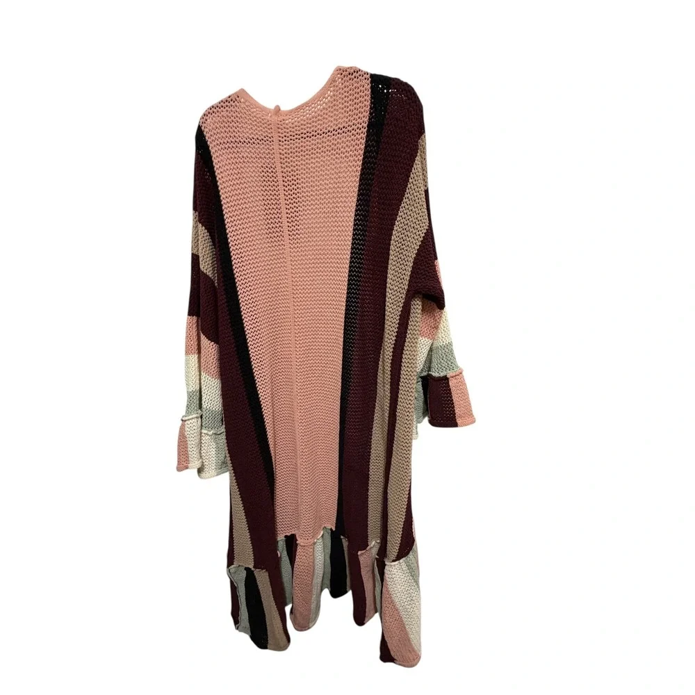 POL Striped Kimono Cardigan Boho Ruffle Hem Long Sleeve Pink Tan Burgundy - Picture 3 of 6